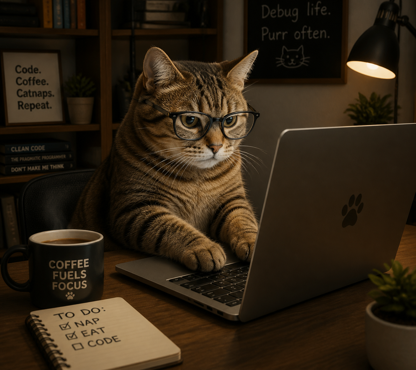 Cat wearing glasses typing on a laptop at a desk with a coffee mug reading